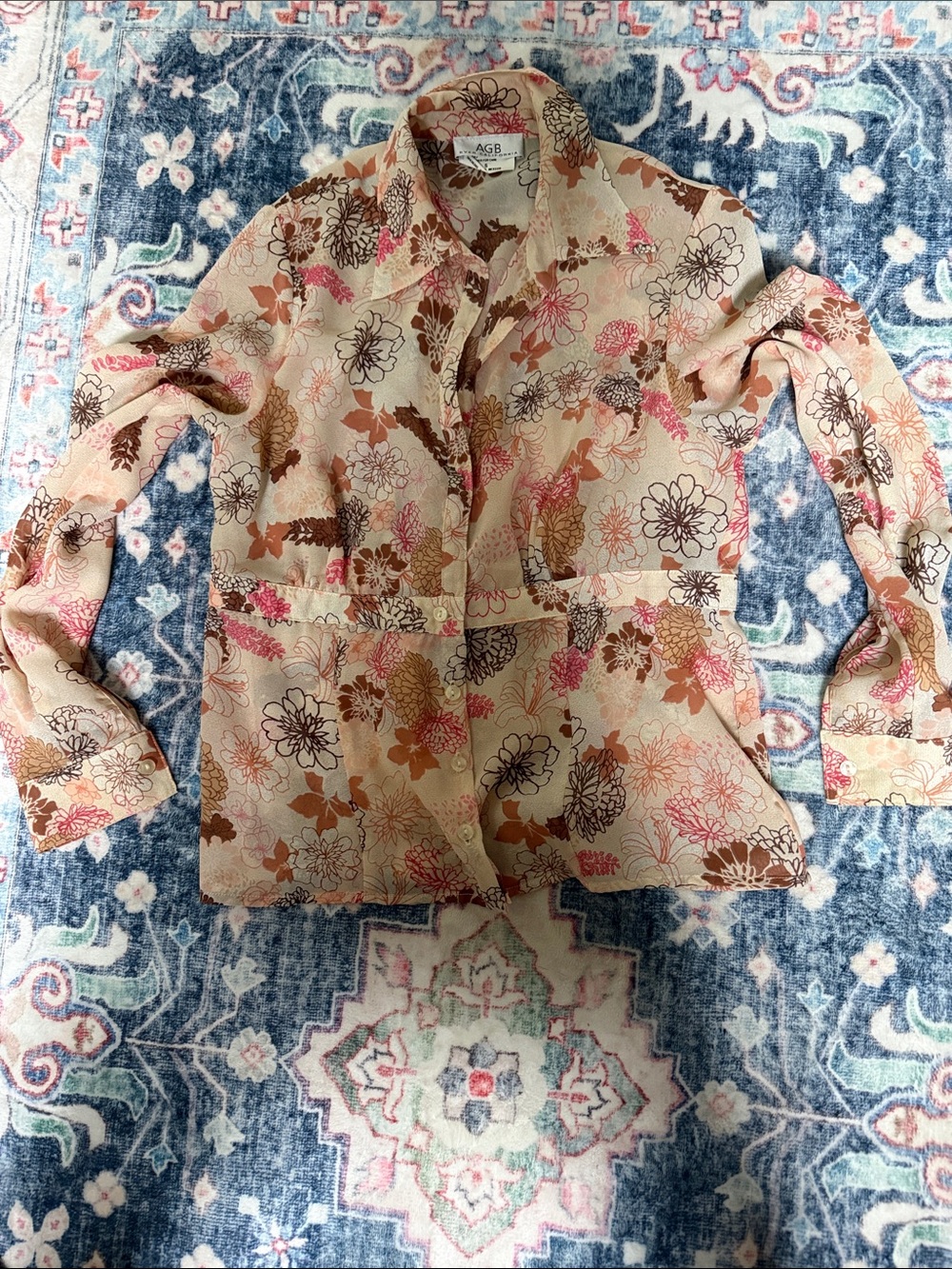 AGB Floral Button-Up Blouse in Peach and Brown